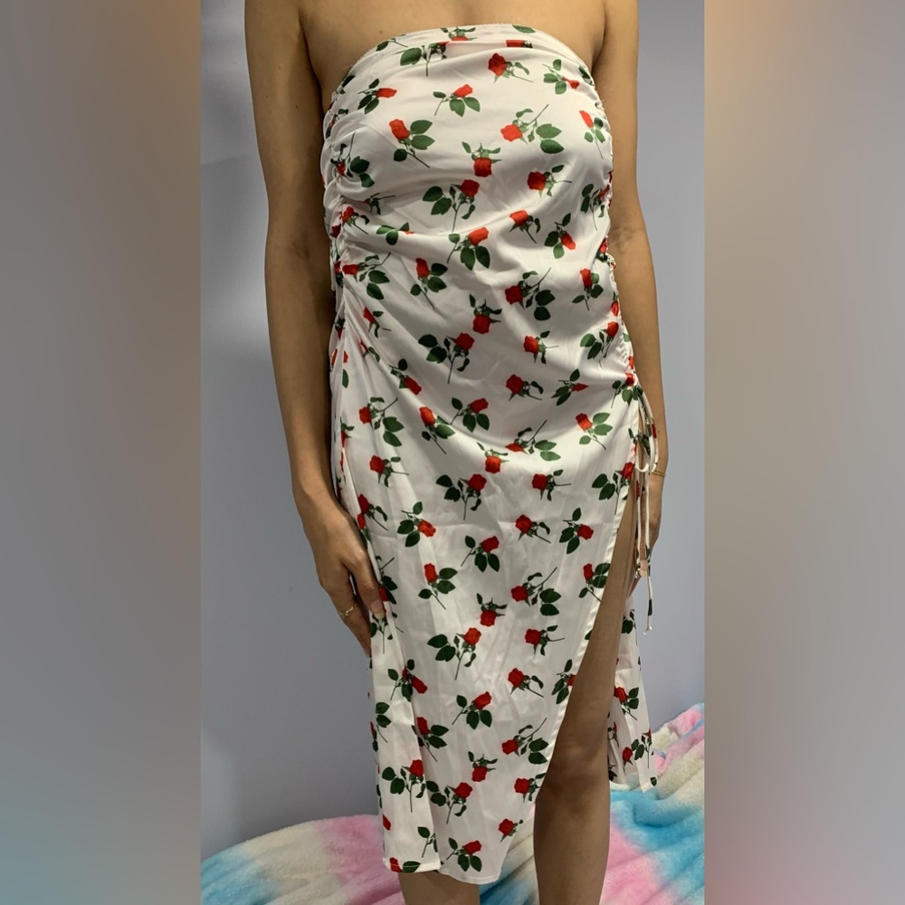 For Love And Lemons Strapless Floral Dress - Red and Green on White